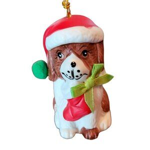 Holly Bells Porcelain Santa Dog Bell Christmas Ornament  JH1373